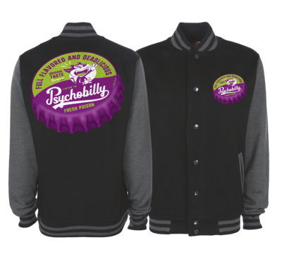 PSYCHOBILLY FRESH POISON BOTTLE CAP VARSITY JACKET UNISEX BY NANO BARBERO