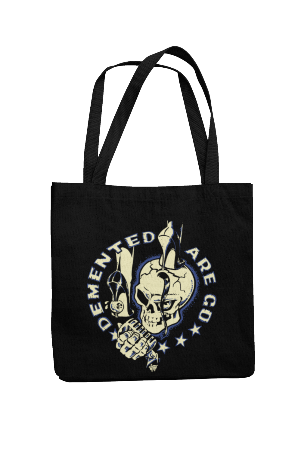 DEMENTED ARE GO Cotton Bag Stiletto Skull