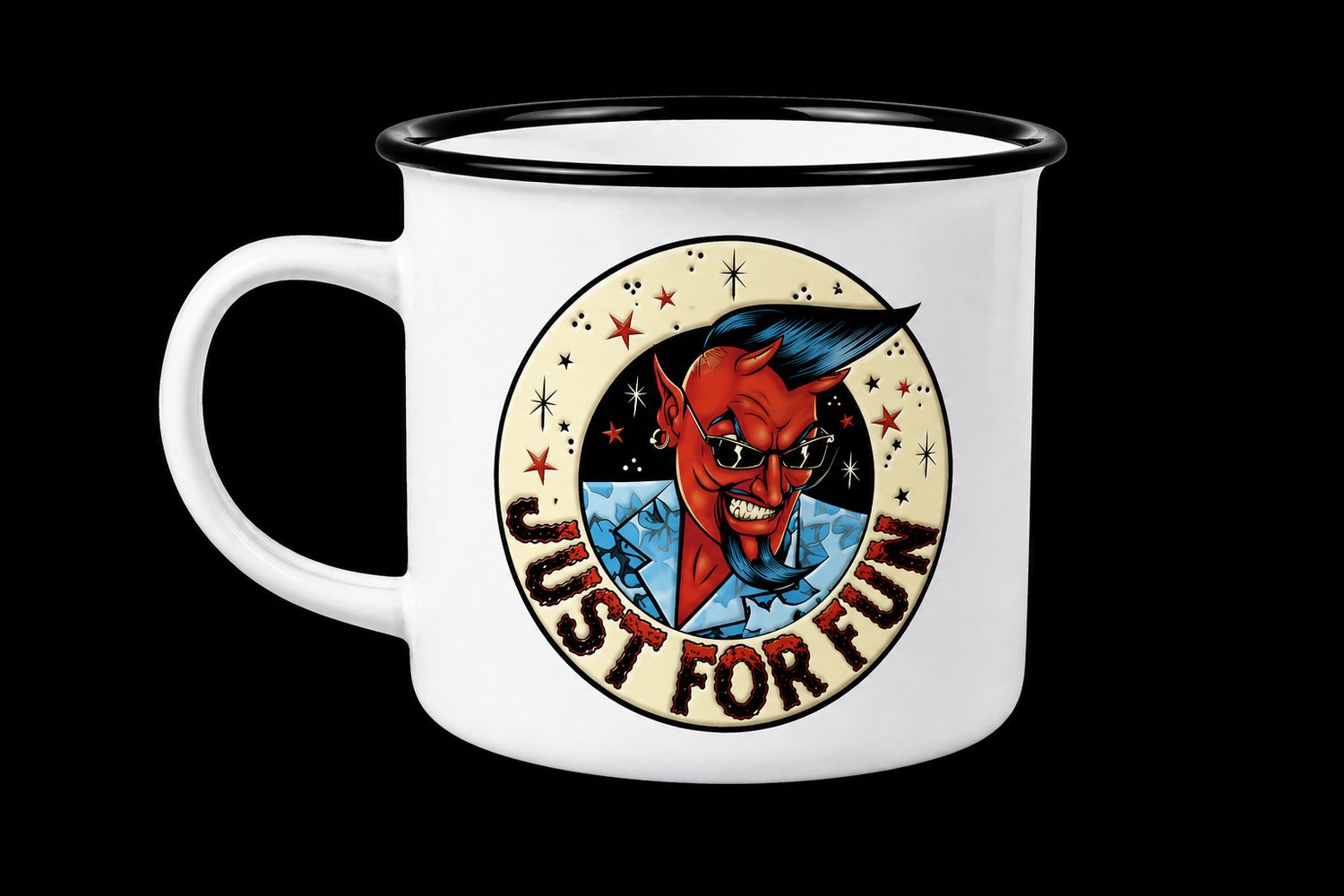 ENAMEL MUG - JUST FOR FUN DEVIL LOGO