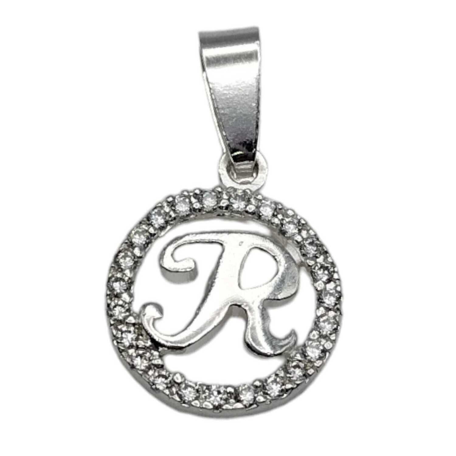 Dije letra R con circonias. 1.5 cm. de diametro. PLATA .925