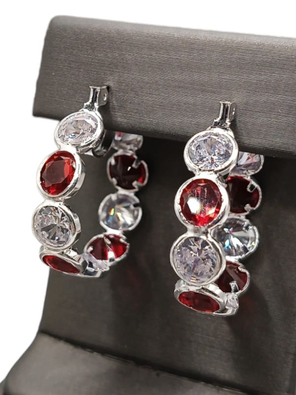 Arracadas Semaforo con CZ Blancas y Rojas 2.5 cm en Plata .925