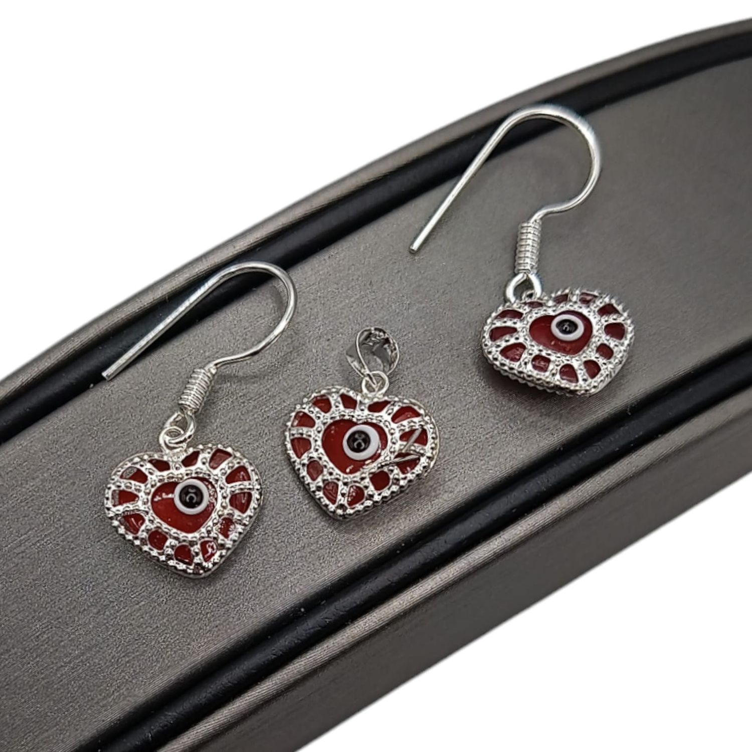 SET  Dije Y Aretes Ojito Corazón Turco Rojo PLATA .925