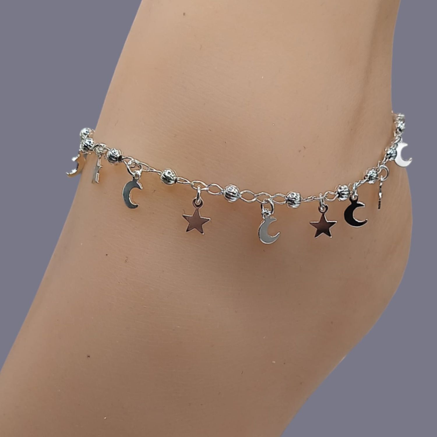 Tobillera Lunas y estrellas. 9.5&quot; de largo. PLATA .925