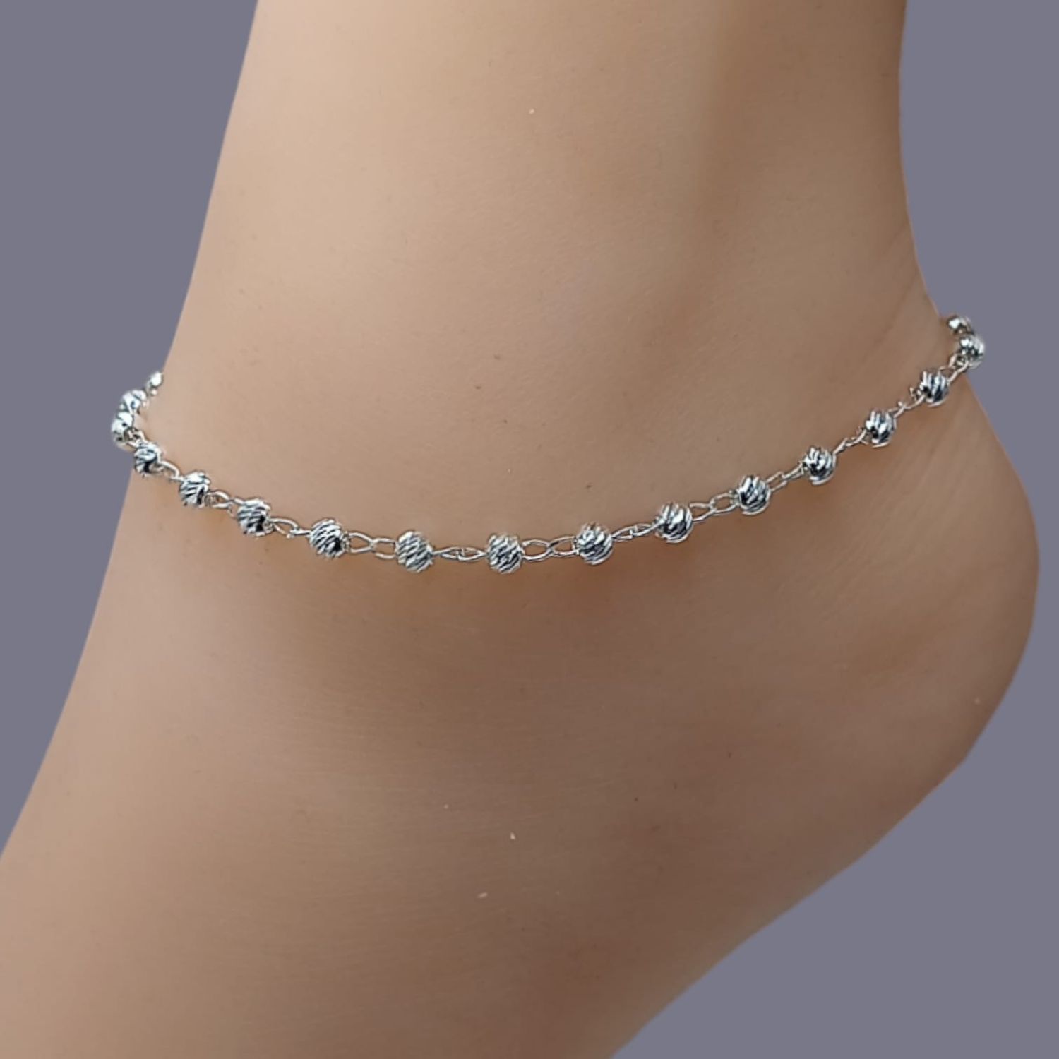 TOBILLERA 9.5&quot;  BOLITA DIAMANTADA 4MM PLATA .925