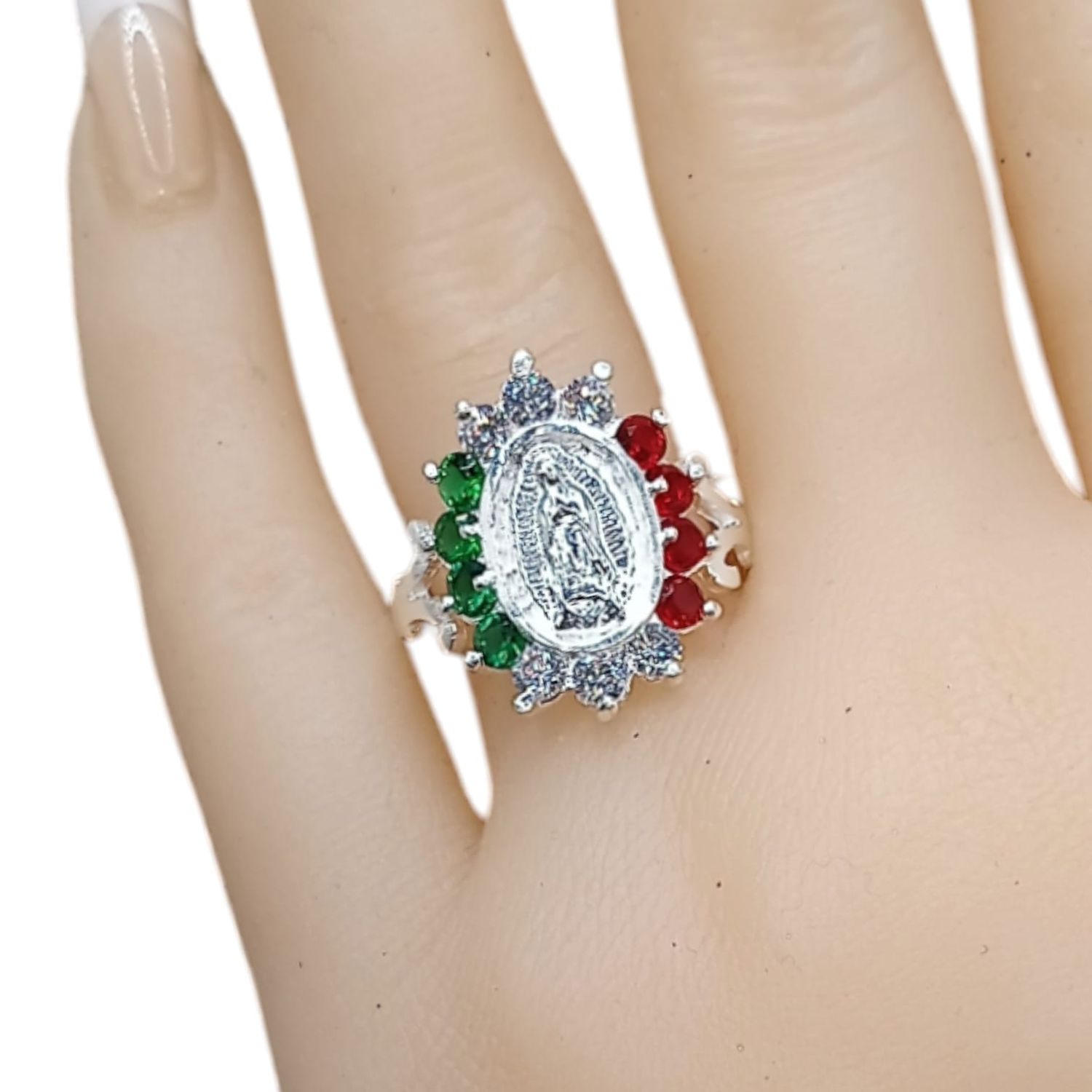 Anillo Virgen de Guadalupe medida #9 tricolor PLATA .925