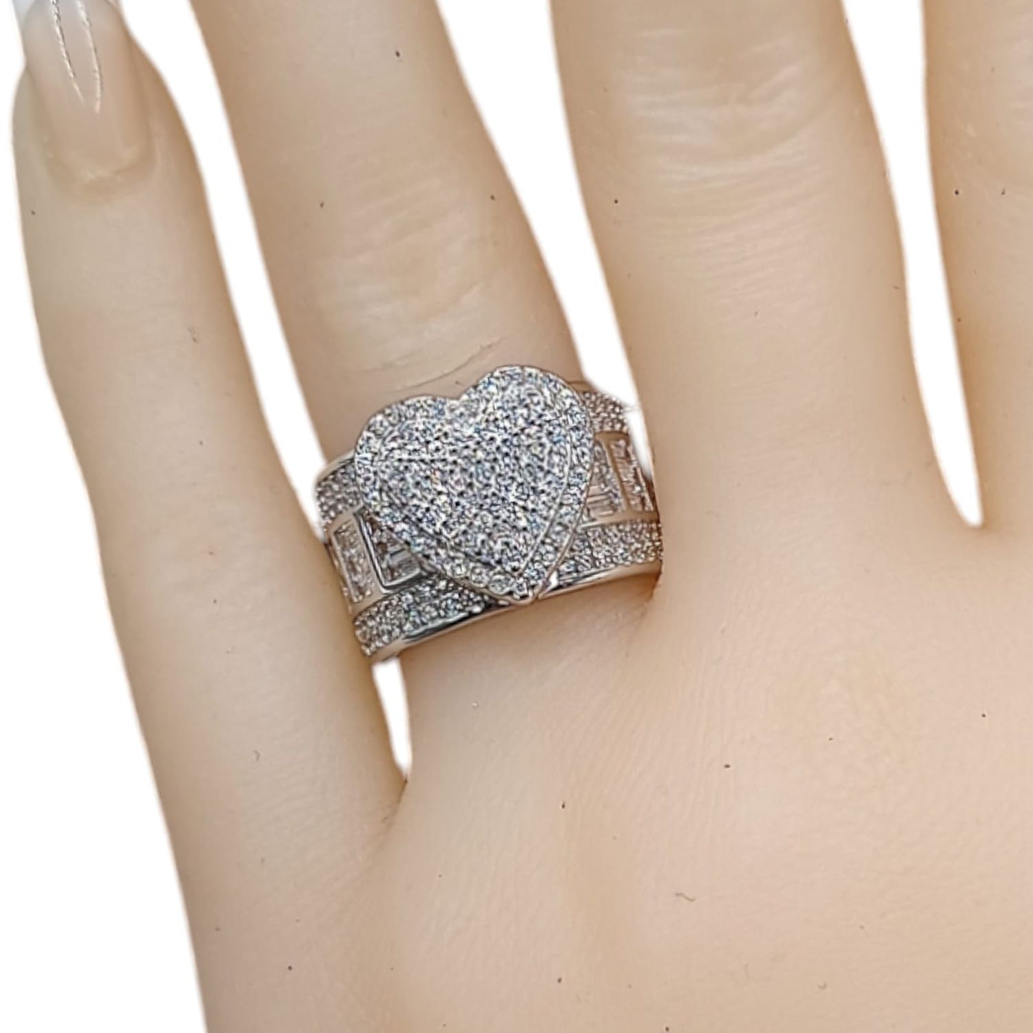 ANILLO CORAZON CZ Y BAGUET VARIAS MEDIDAS  PLATA .925