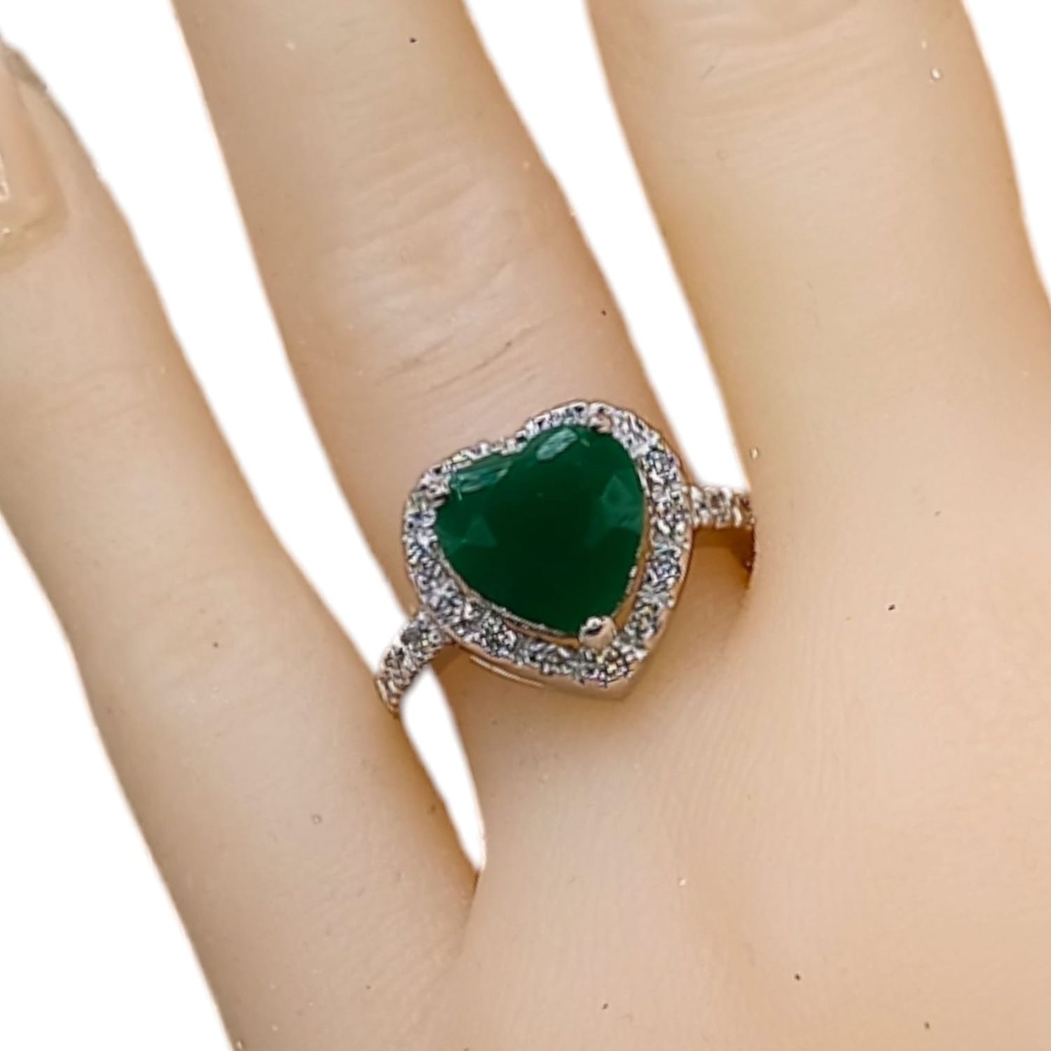 ANILLO CORAZON CON MINI CZ Y CZ VERDE  PLATA .925