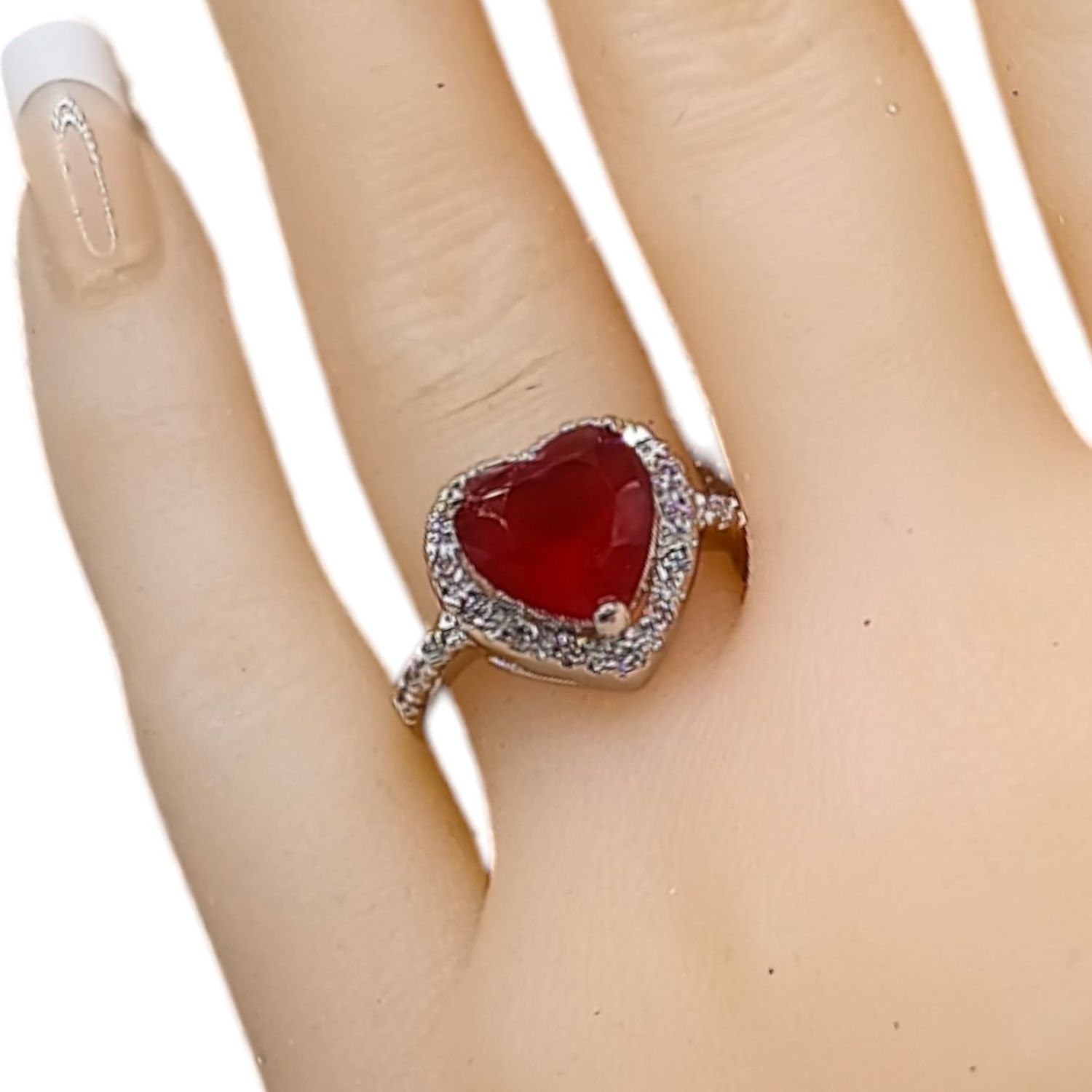 ANILLO CORAZON CON MINI CZ Y CZ ROJA PLATA .925