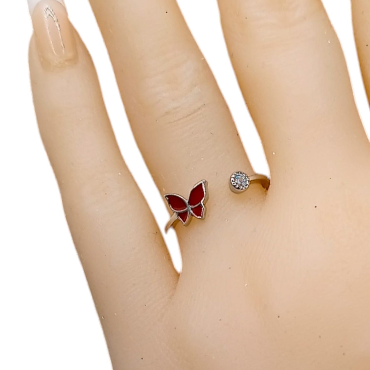 ANILLO MARIPOSA AJUSTABLE COLOR ROJO PLATA .925