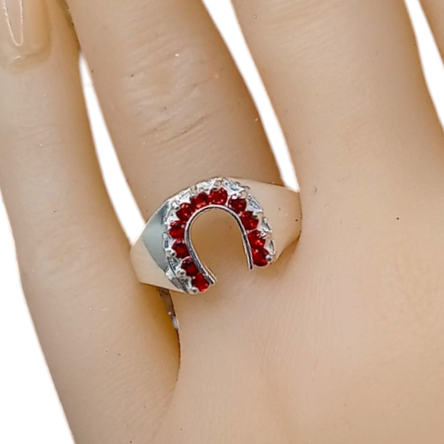 ANILLO HERRADURA CZ ROJA #9.5 PLATA .925