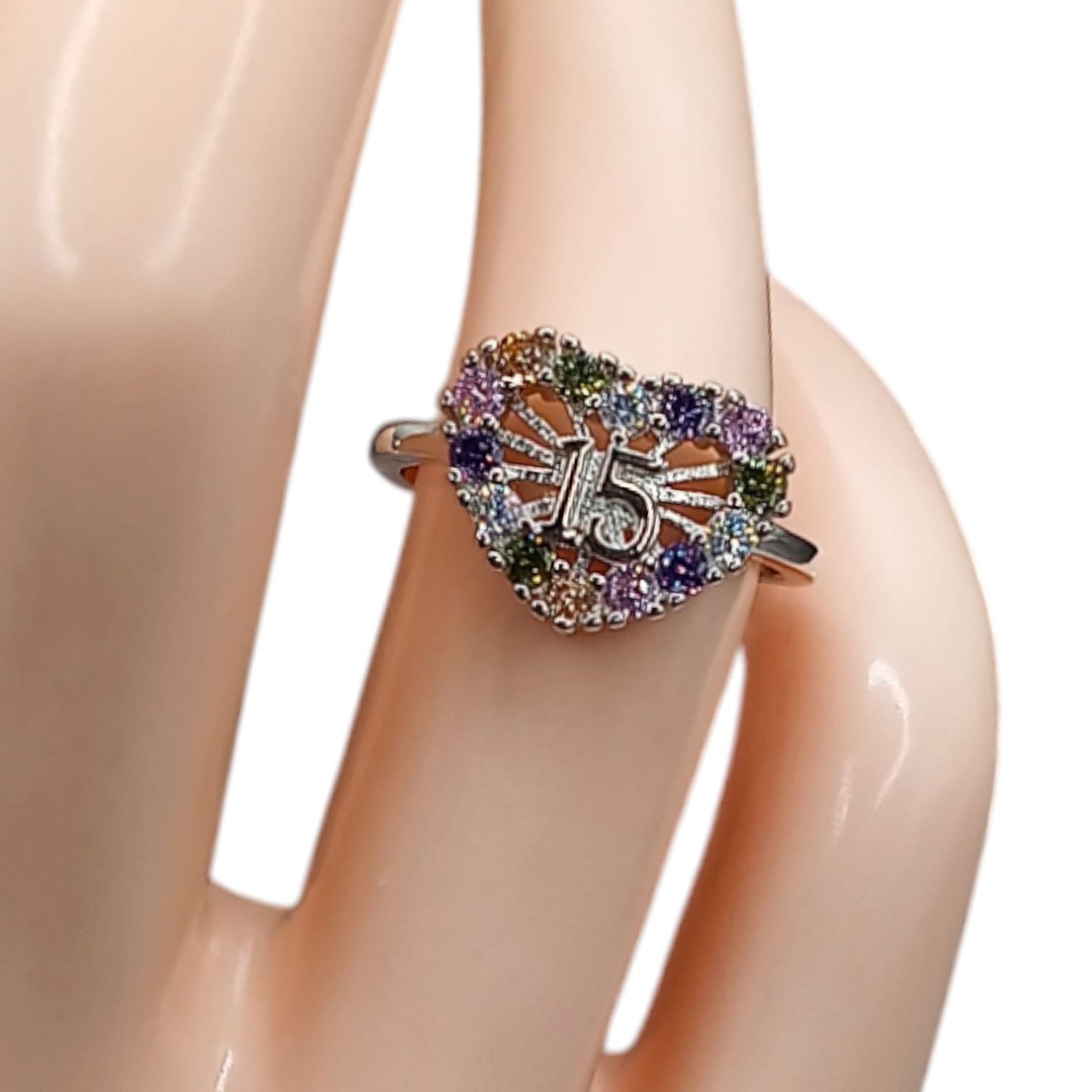 ANILLO RODISADO QUINCE AÑOS CZ DE COLORES VARIAS MEDIDAS  PLATA .925
