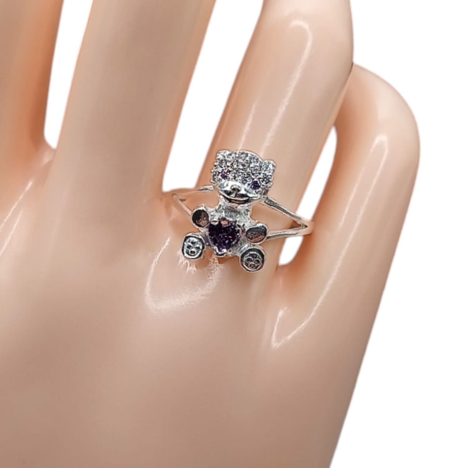ANILLO OSITO CORAZON  CZ LILA #8 PLATA .925