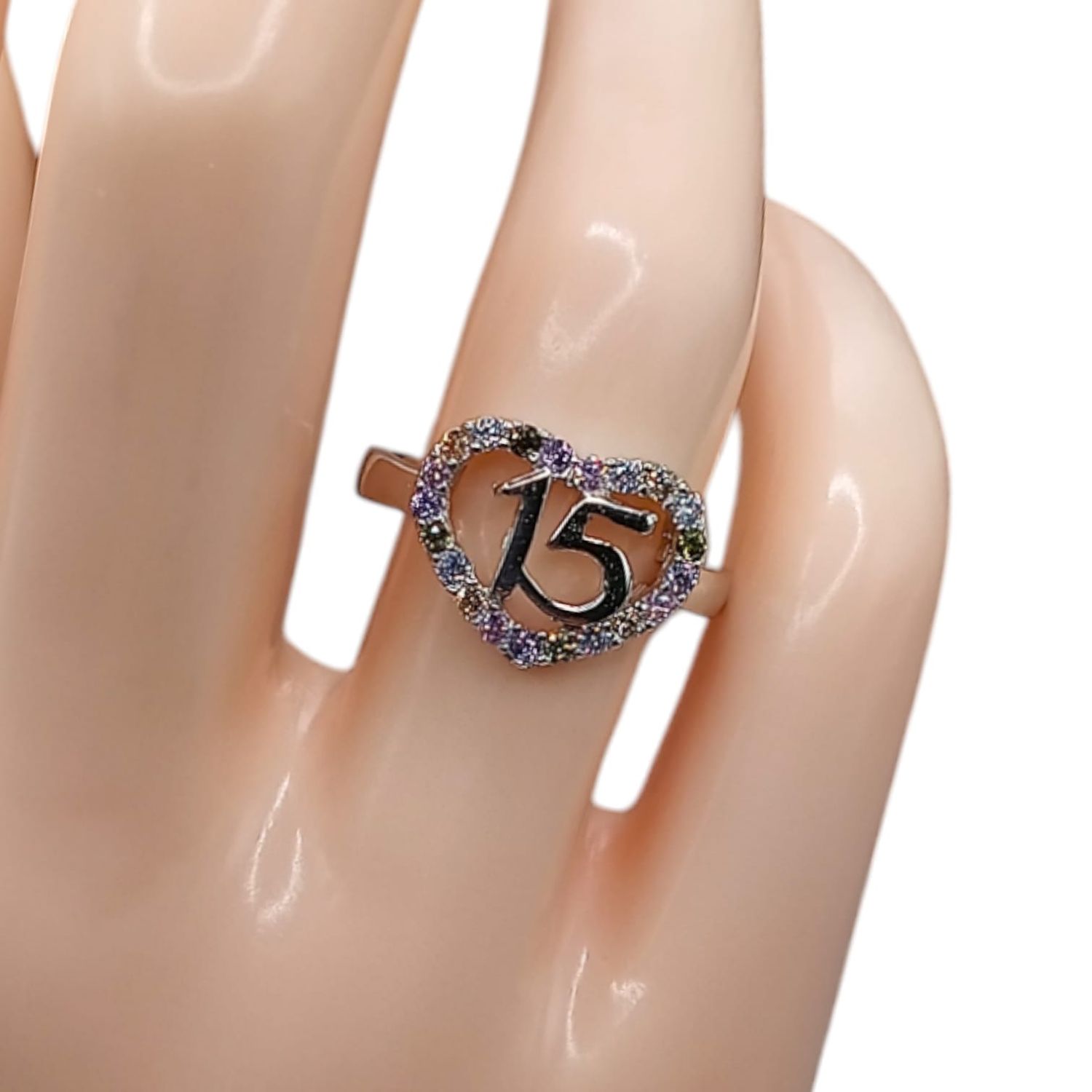 ANILLO QUINCE AÑOS CORAZON COLORES PLATA 925 LEY