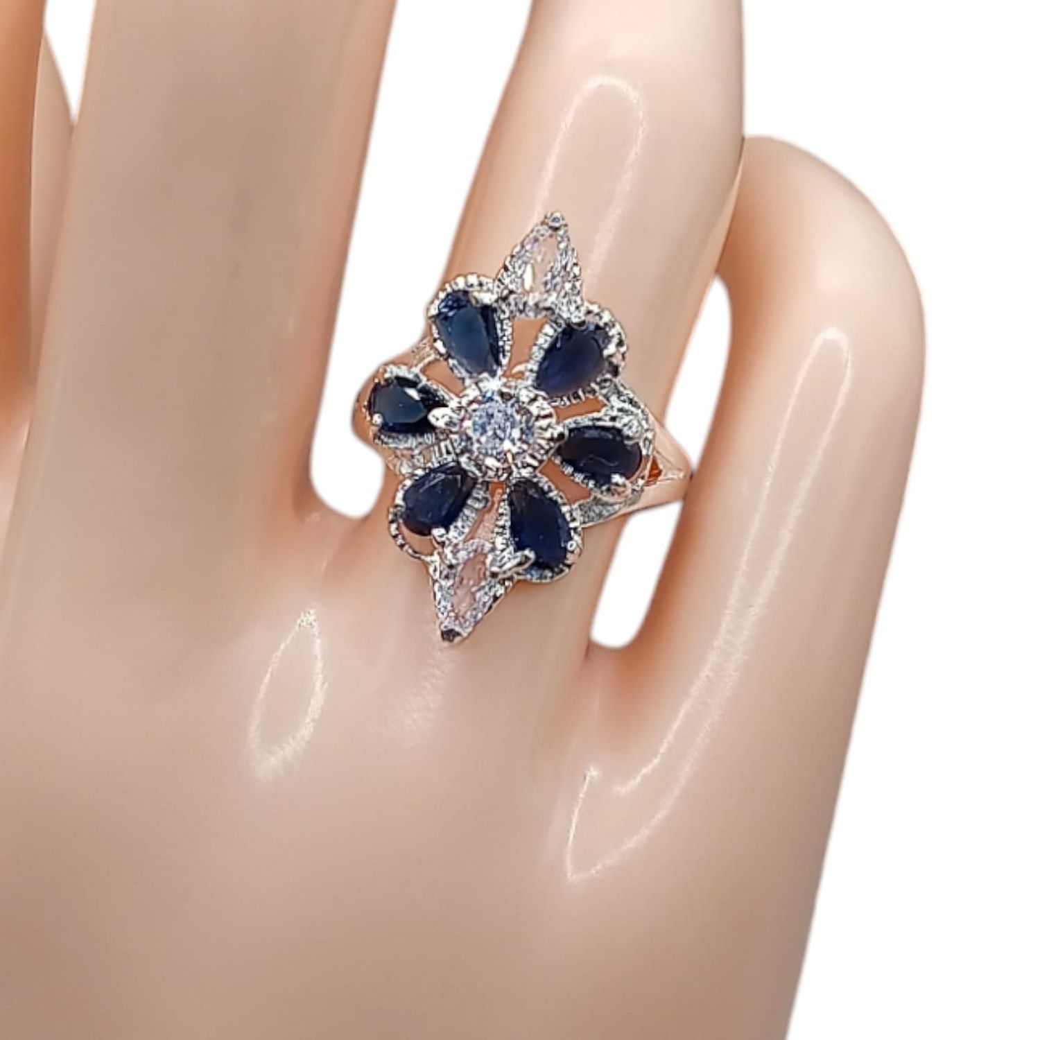 ANILLO CZ AZUL MARINO Y BCA # 7 PLATA .925
