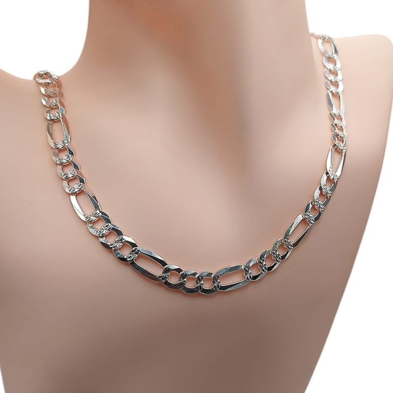 Cadena Fígaro diamantada Largo 28&quot; Ancho 8mm PLATA .925