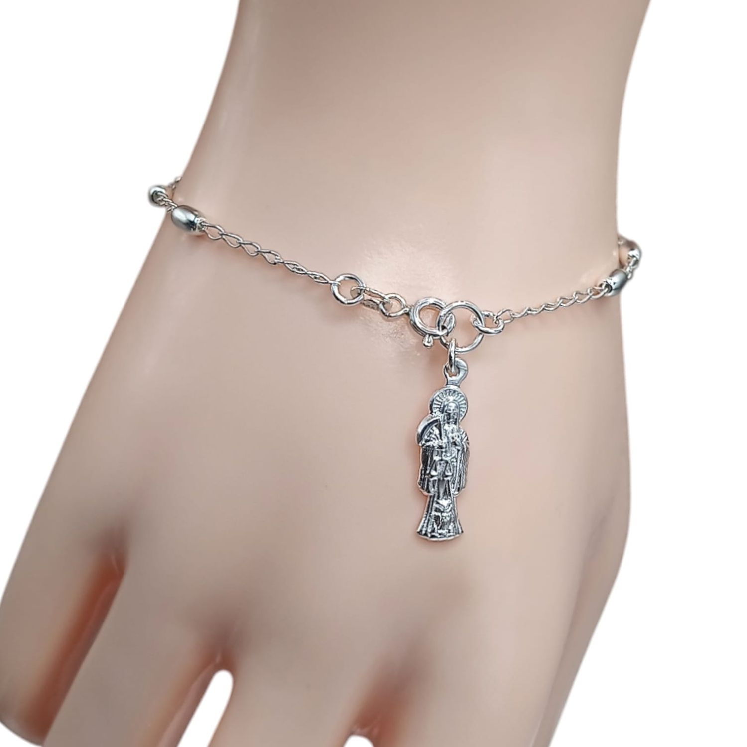 Misterio de mano Santa Muerte de bola de arroz lisa. 7&quot; de largo. PLATA  .925