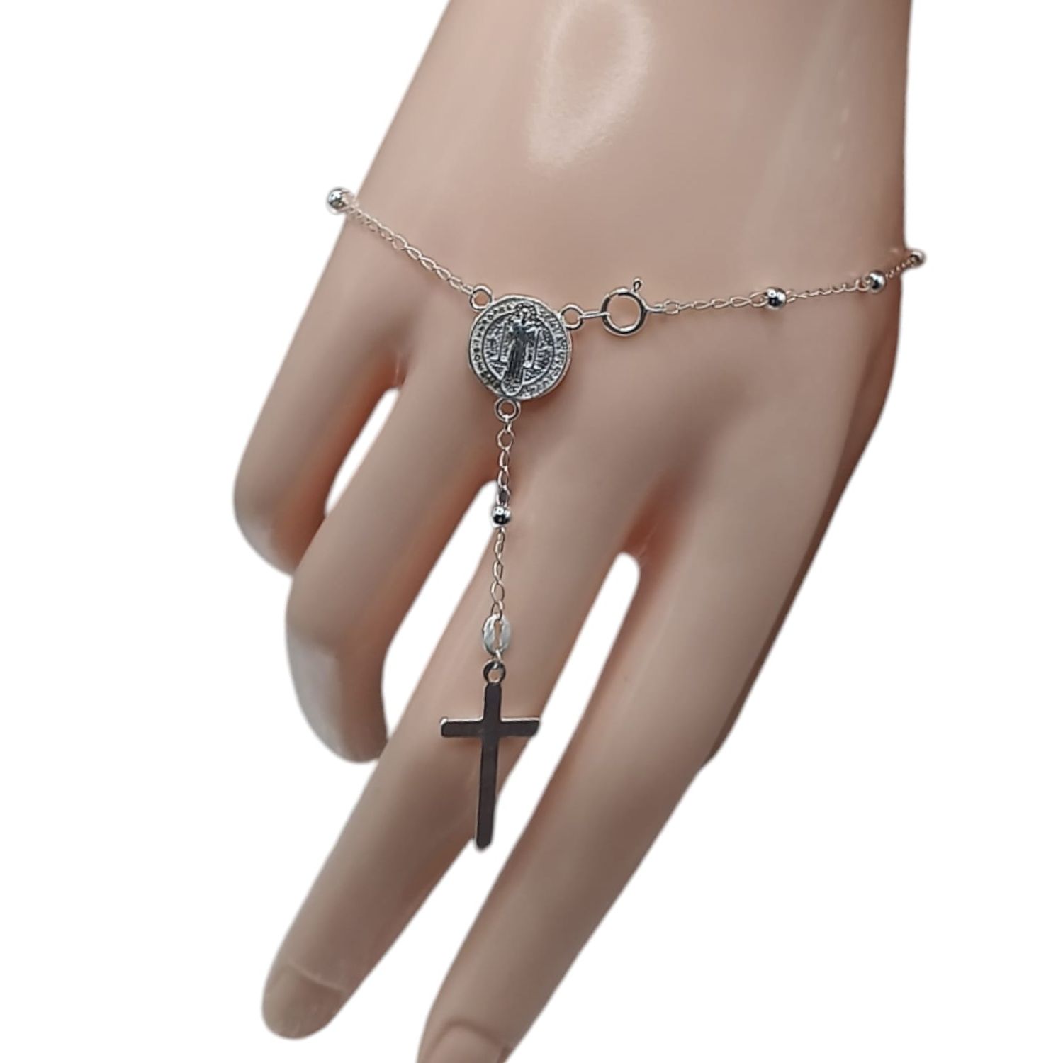 Misterio de mano San Benito con bola lisa de 3mm. PLATA .925