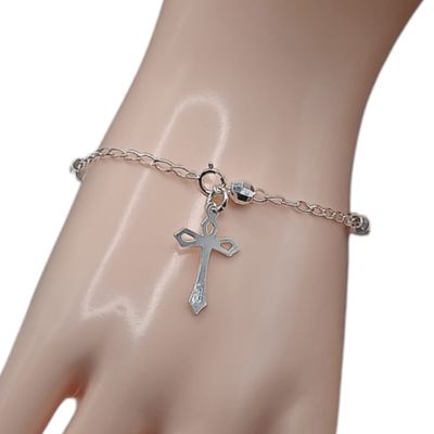 MISTRIO DE MANO CON CRUZ  BOLA FACETADA 4 MM 7" PLATA .925