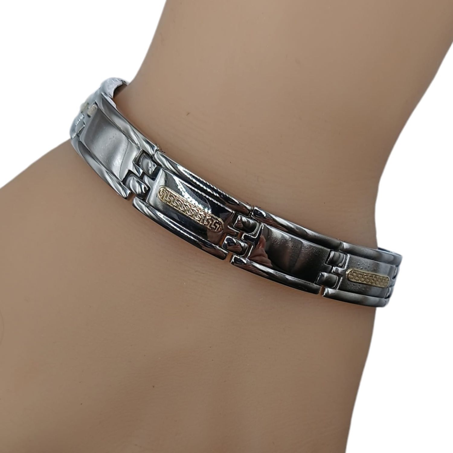 PULSERA ACERO INOXIDABLE CON CHAPA DE ORO 14K 8.5&quot;12MM   ACERO