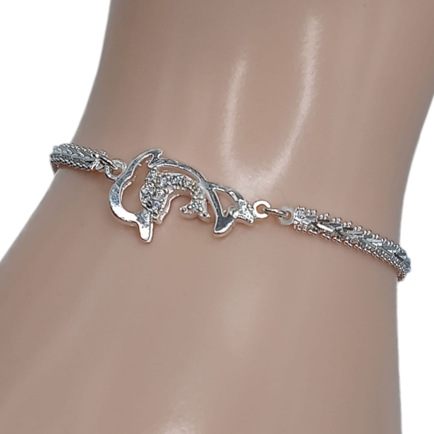 Pulsera boleada delfines con cz 7&quot; PLATA .925