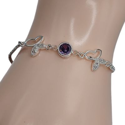 PULSERA BOLEADA MARIPOSA CON CZ LILA 7&quot; PLATA .925
