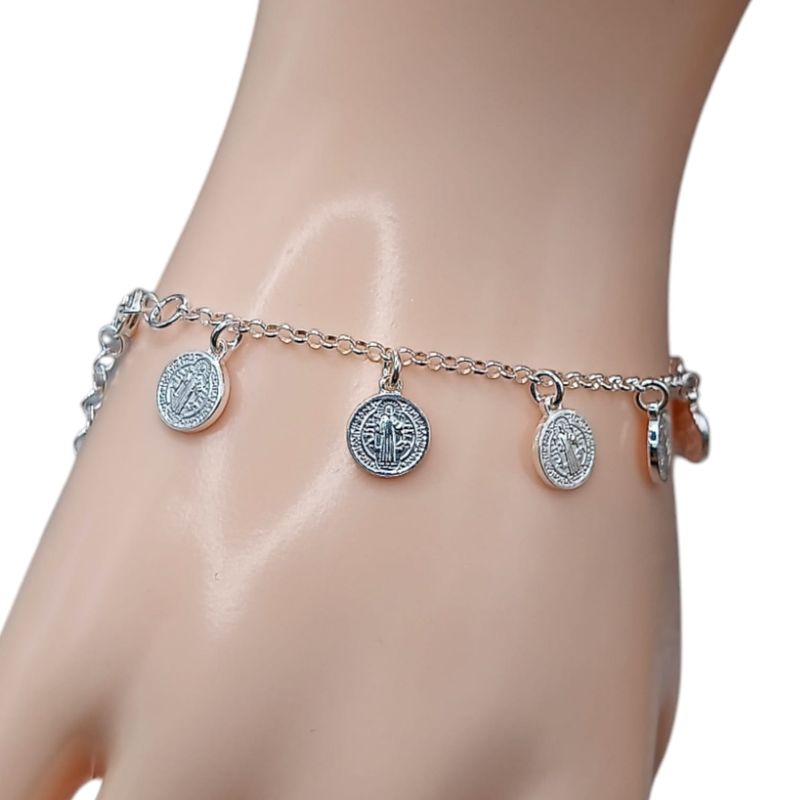 PULSERA MISTERIO  MEDALLA SAN BENITO  7&quot; PLATA .925