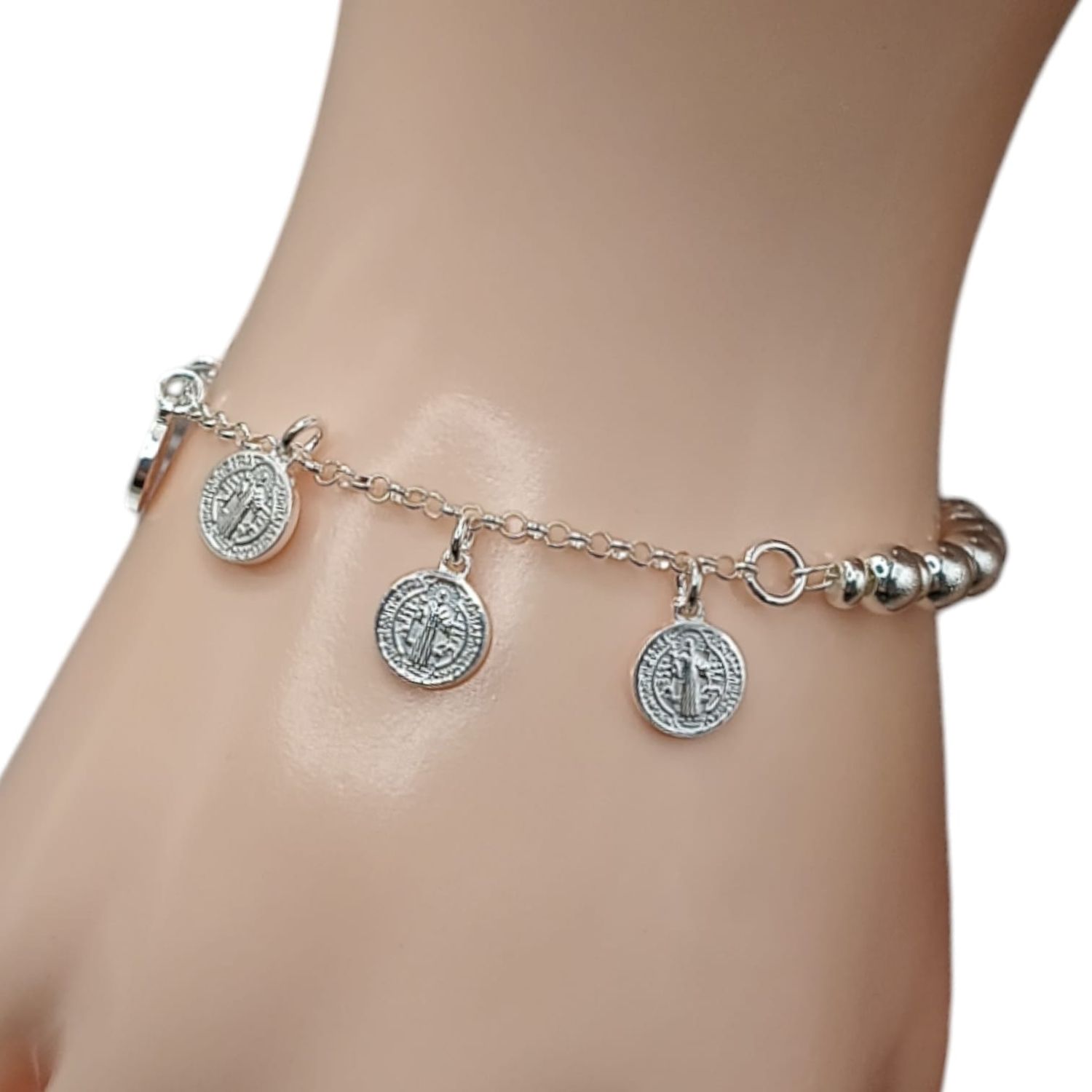 Pulsera MEDALLA SAN BENITO , 7&quot; PLATA .925