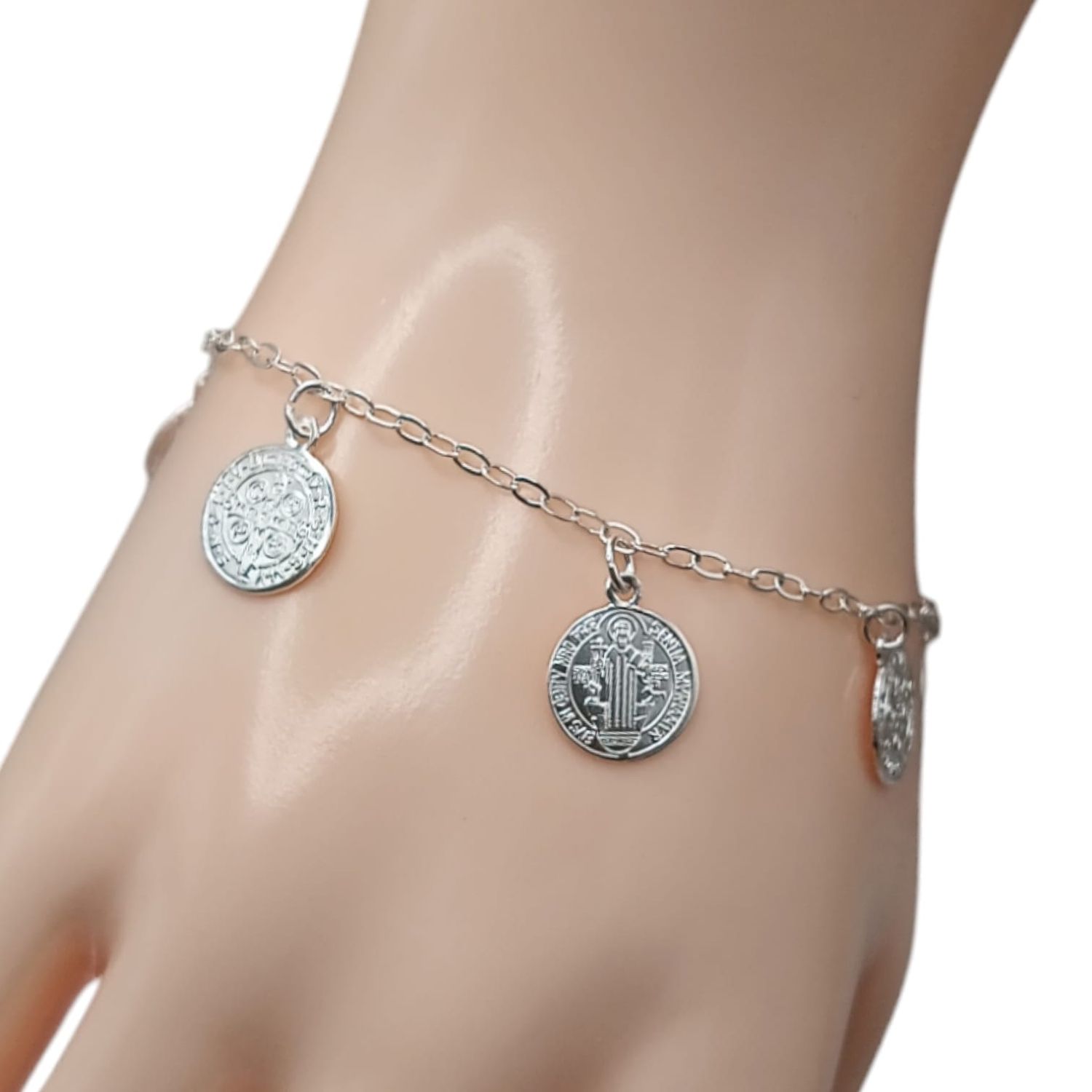 Pulsera de medallas de San Benito 8&quot; PLATA .925