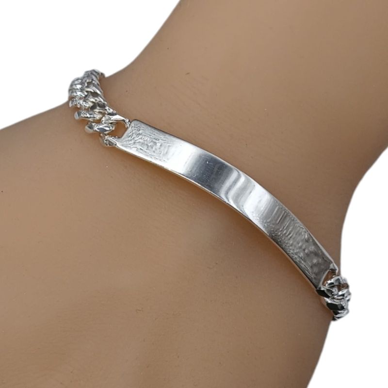 PULSERA CUBANA DIAMANTADA CON PLACA 8&quot;  7.5 MM PLATA .925