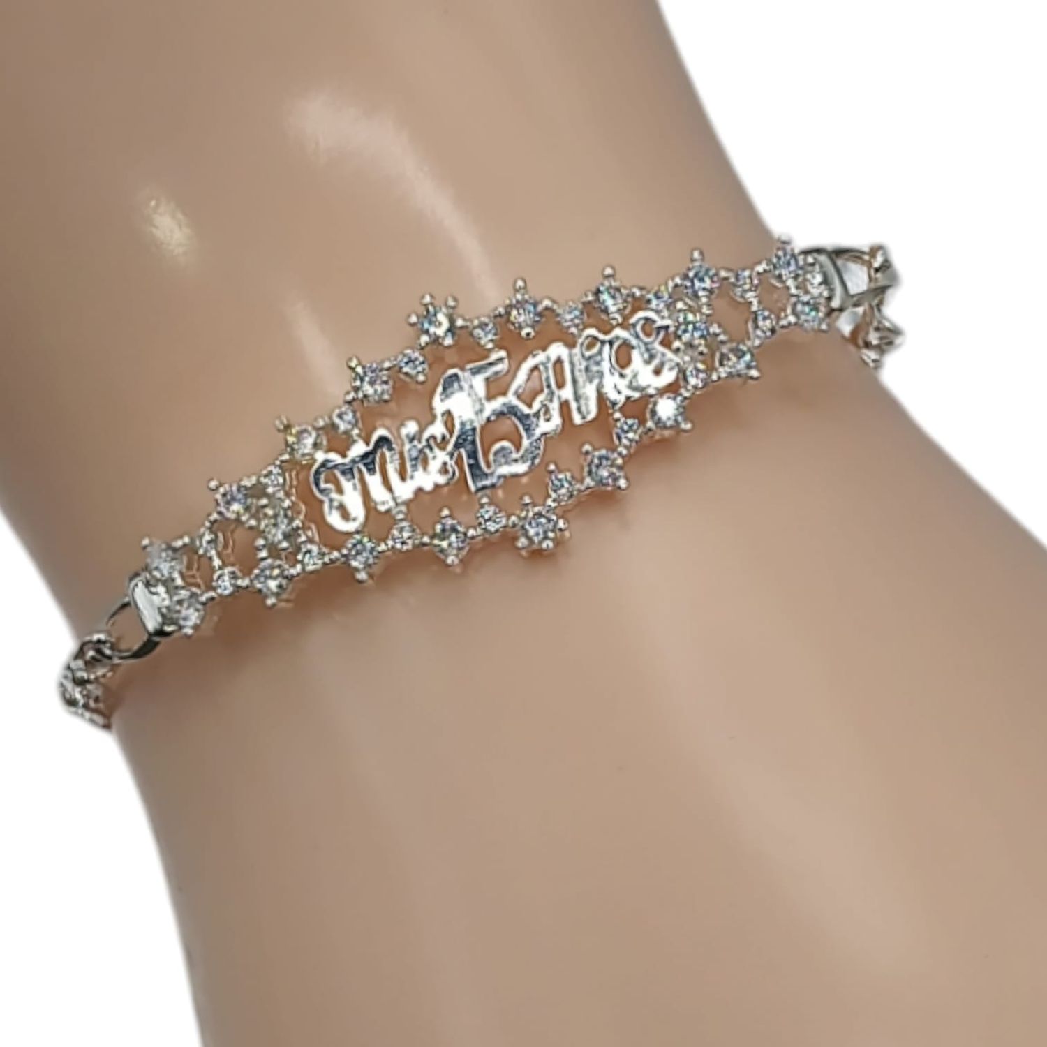 PULSERA MIS 15 AÑOS 7&quot; CON CZ PLATA .925