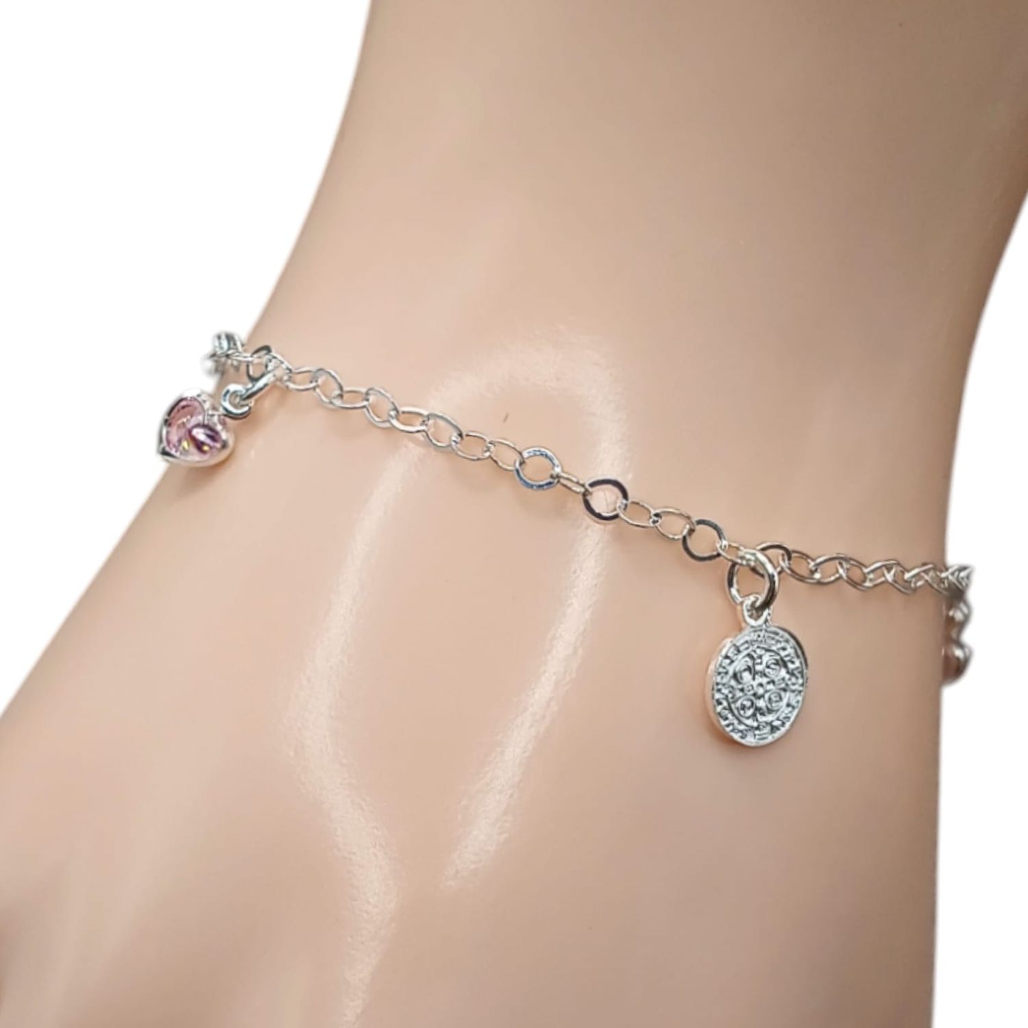 PULSERA SAN BENITO Y CORAZONES DE COLORES 7.5&quot; PLATA .925