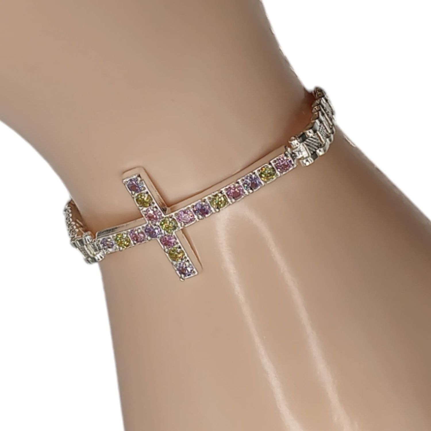 Pulsera con cruz con cz de colores 7&quot; PLATA .925