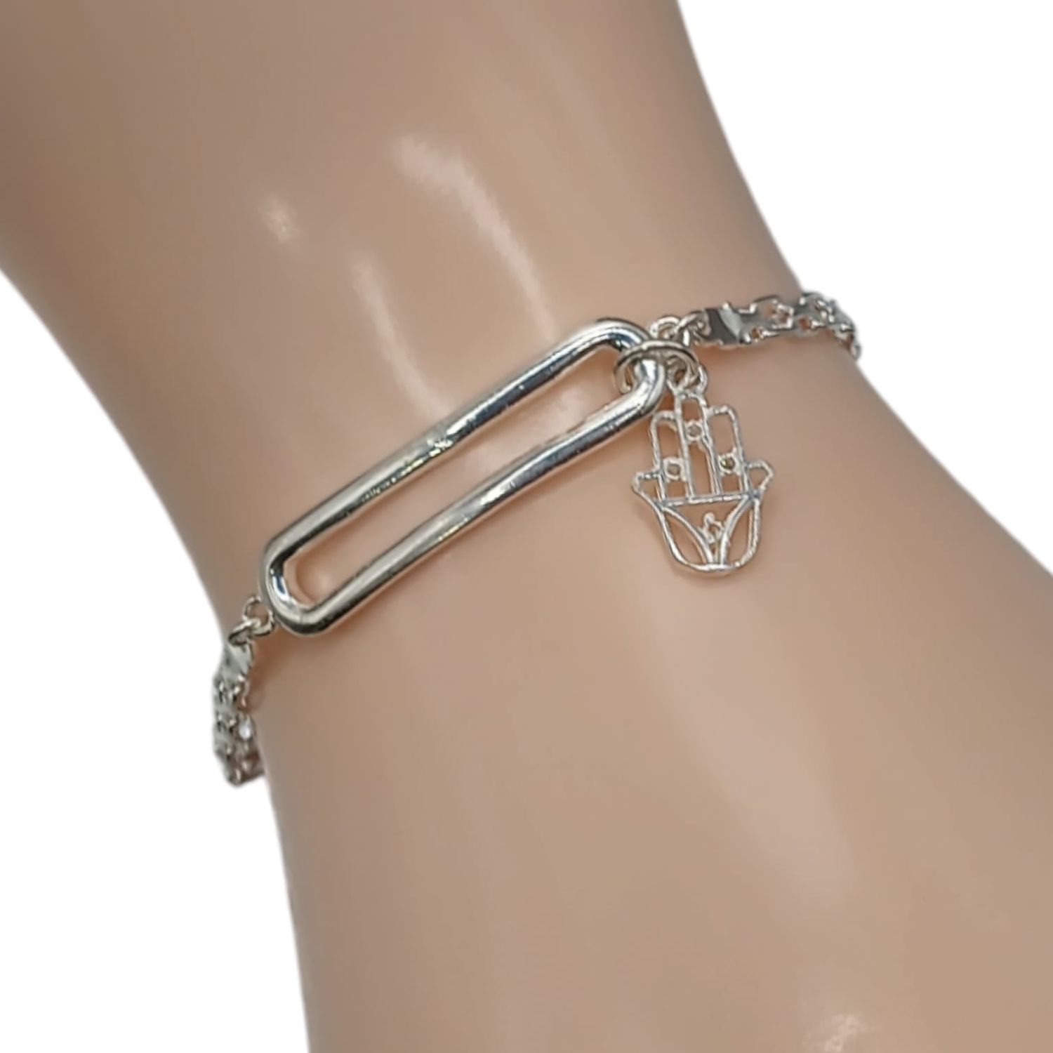 Pulsera estilo bismar con dije de mano de fatima 7.5&quot; PLATA .925
