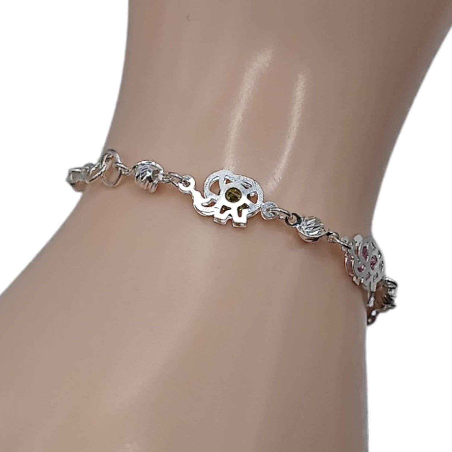 Pulsera de elefantitos con zirconias de colores 7&quot; PLATA .925