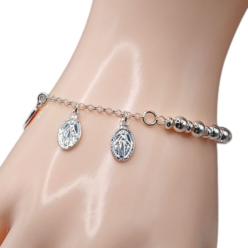 PULSERA MEDALLAS V MILAGROSA 7.5&quot; AJUSTABLE PLATA .925