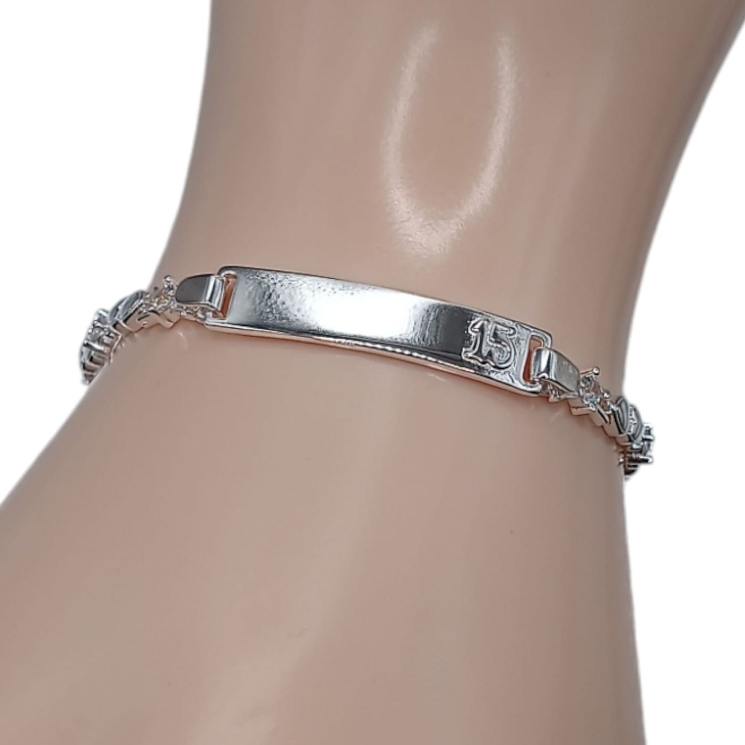 Pulsera Fancy 15 Anos Con Placa 7&quot; PLATA .925