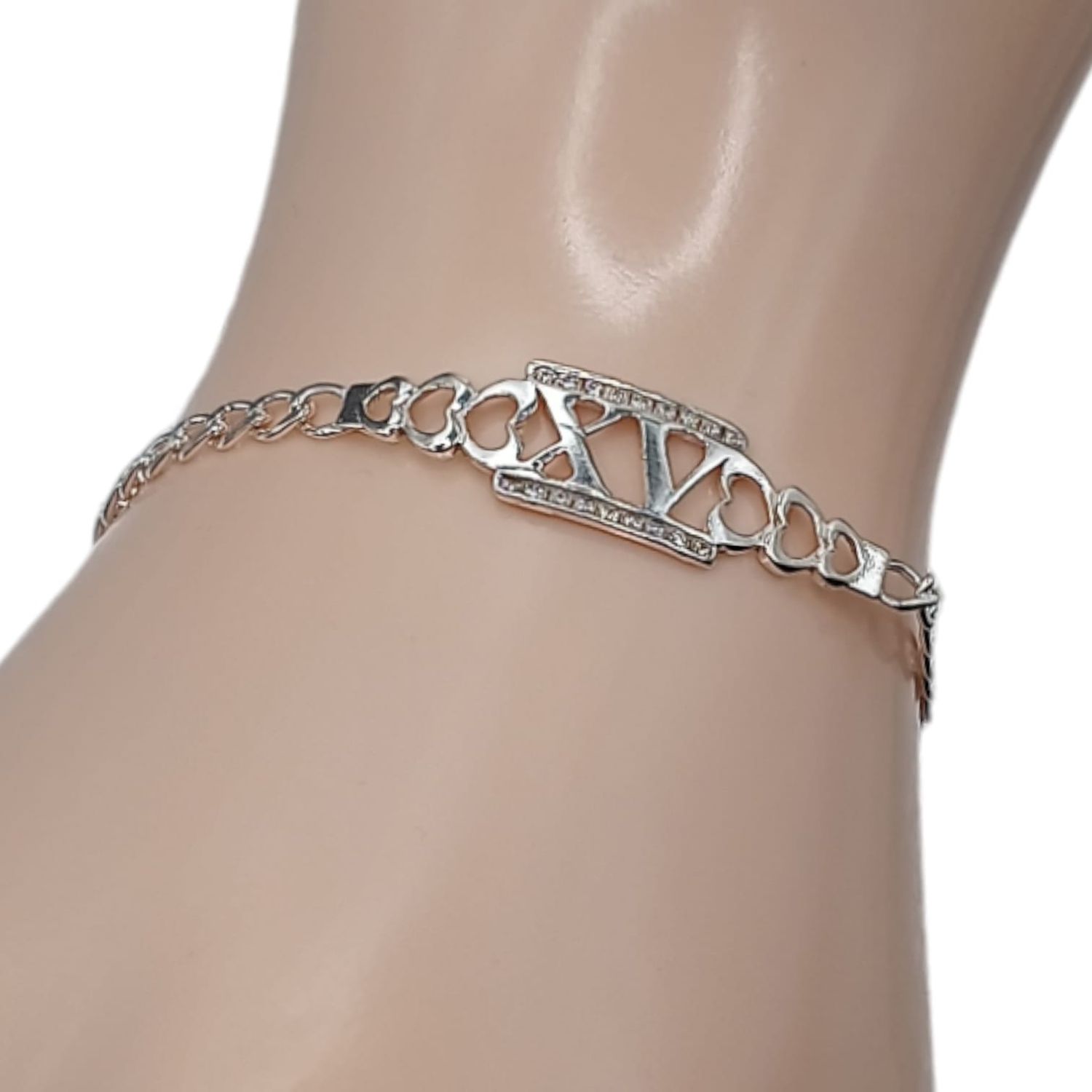 PULSERA XV AÑOS CON CORAZONES 7&quot; PLATA .925
