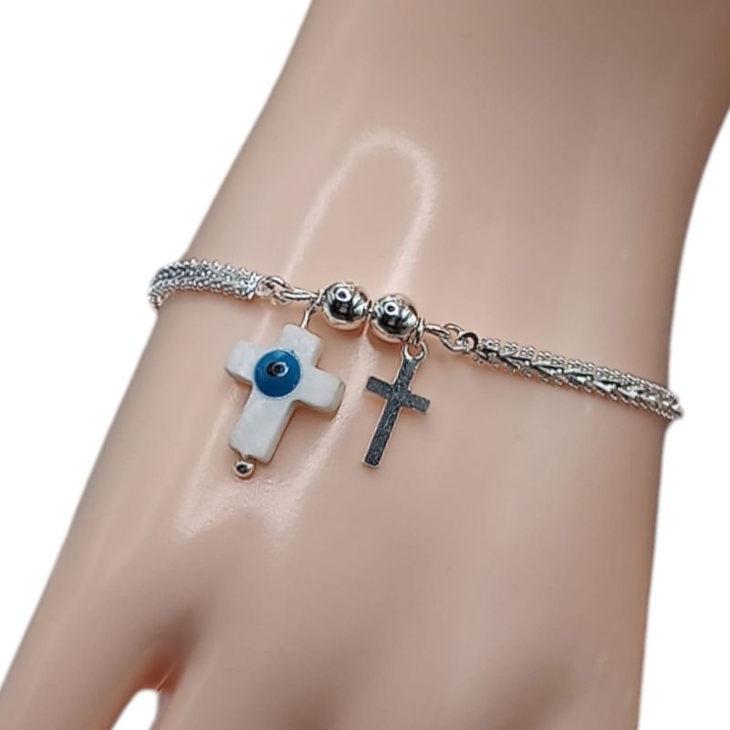 PULSERA BOLEADA CON CRUZ Y OJITO 7.5&quot; PLATA .925