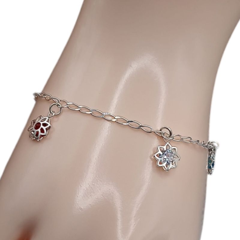 PULSERA FLOR 3D CZ DE COLORES 7&quot;  PLATA .925