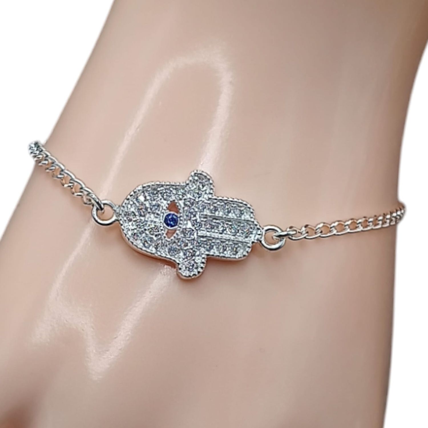 PULSERA MANO DE FAT CON OJO  7&quot; PLATA  .925