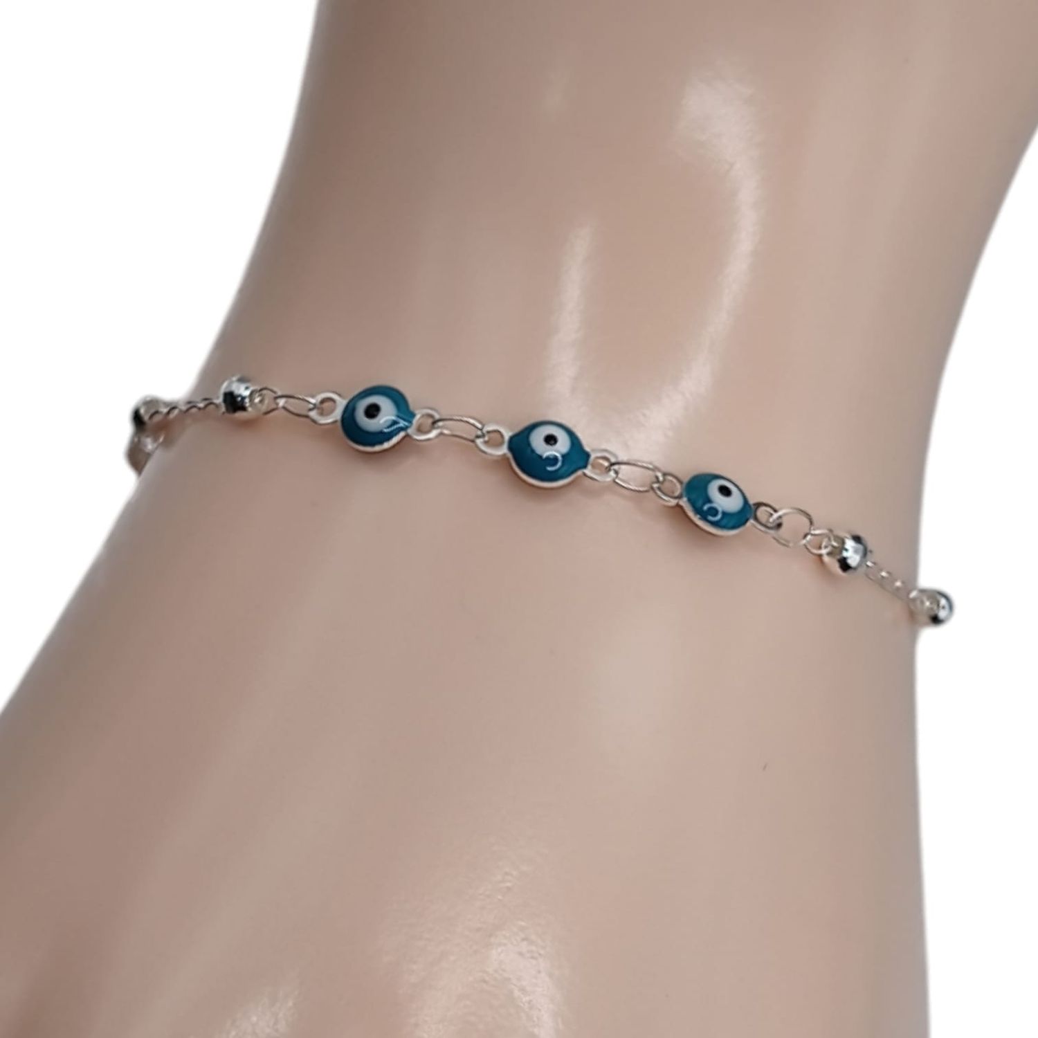 PULSERA OJO TURCO AZUL AJUSTABLE 7.5&quot; A  8&quot; LARGO.  PLATA .925