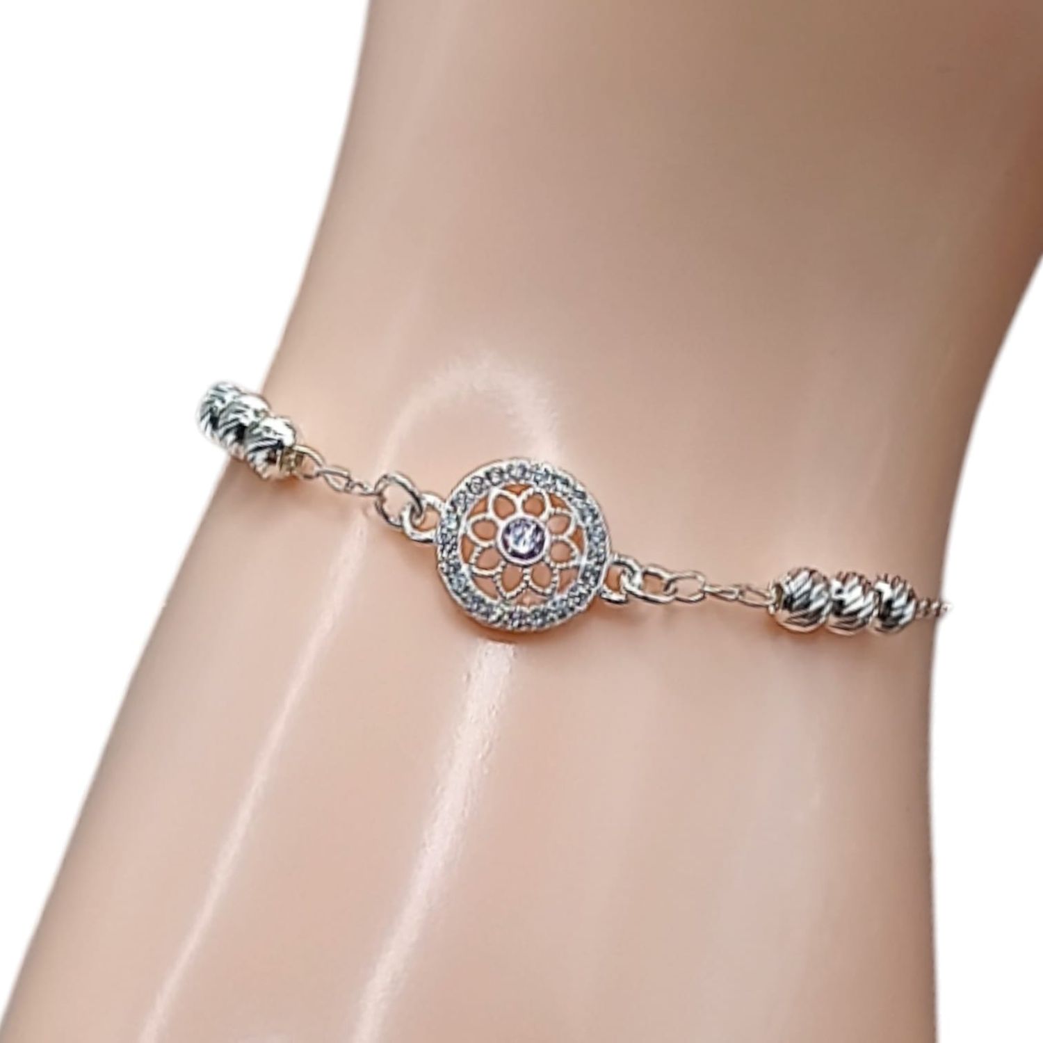PULSERA DE FLOR CON CIRCULO  AJUSTABLE HASTA 5.5&quot; PLATA .925