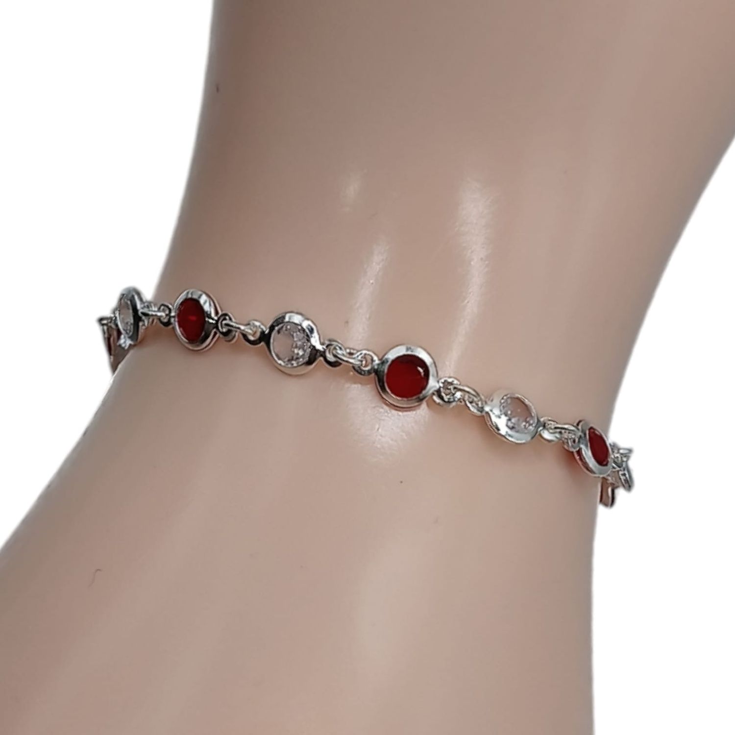 PULSERA NIÑA 5&quot; CZ ROJA Y BCA PLATA .925