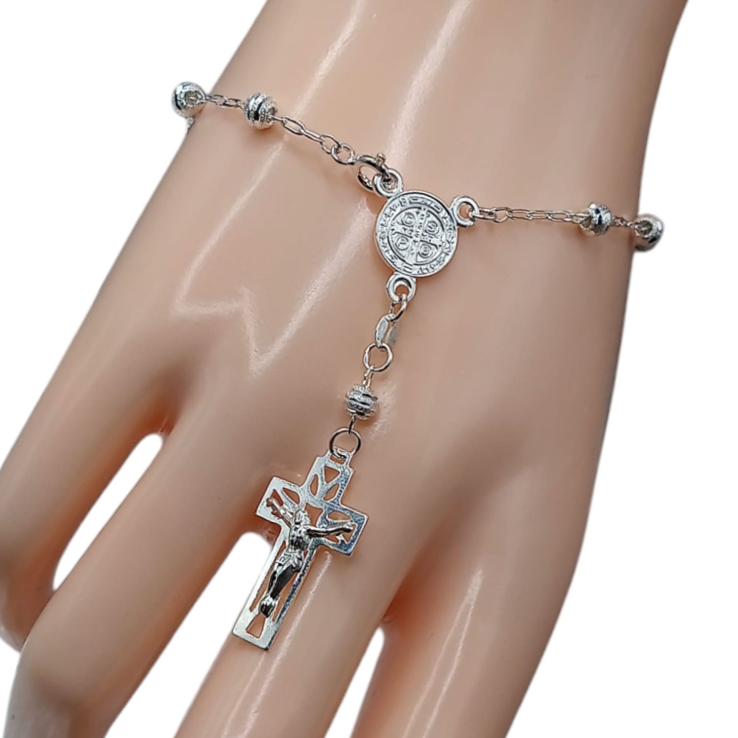 Pulsera misterio de mano 7&quot; San Benito PLATA .925
