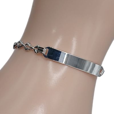 PULSERA CON PLACA ESLABON HOJITA 7" 4 MM PLATA .925
