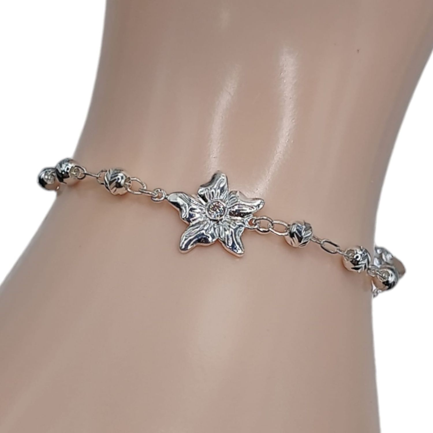 Pulsera flor con cz y bolita  7&quot; PLATA .925