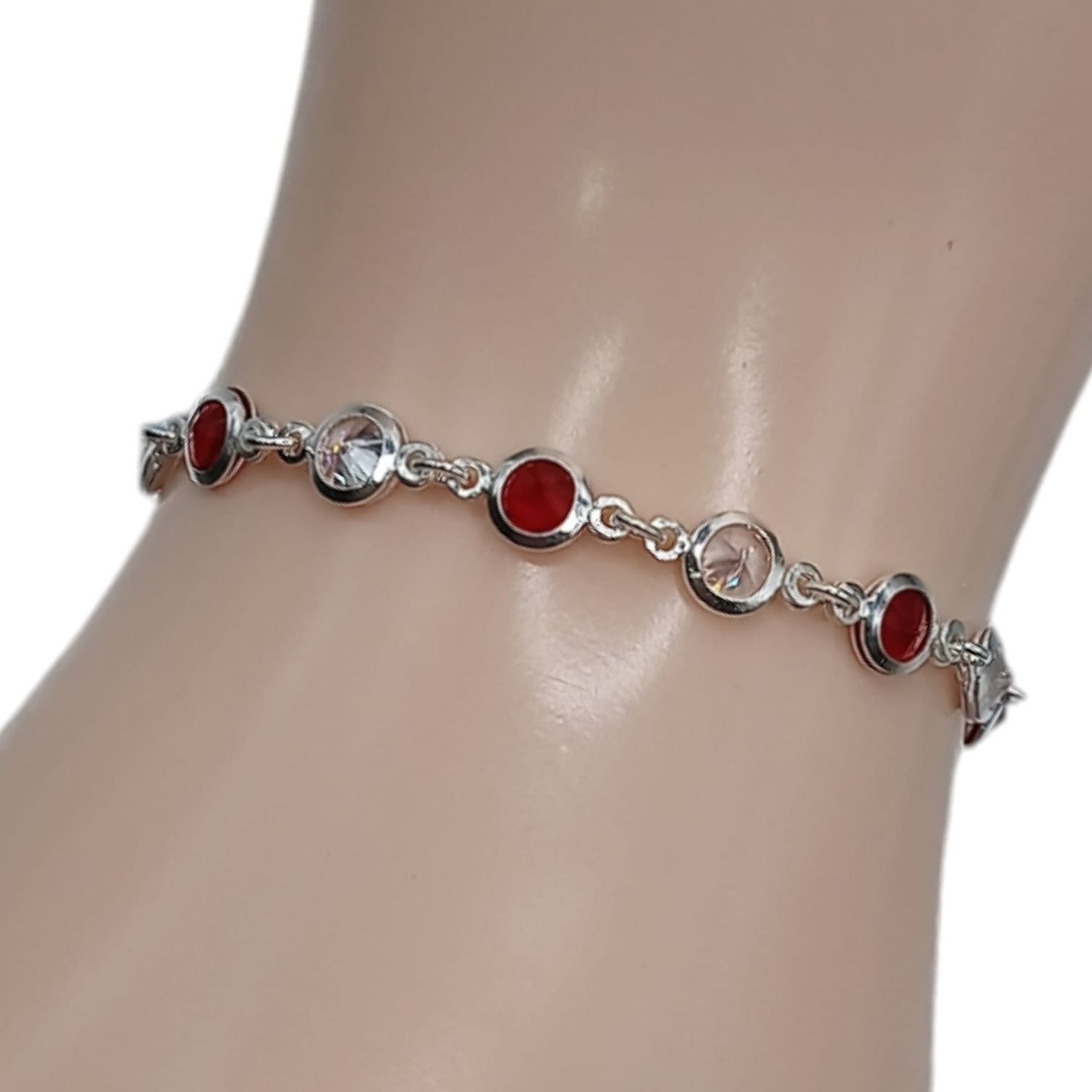 PULSERA DAMA 7&quot; CZ ROJA Y BCA PLATA .925