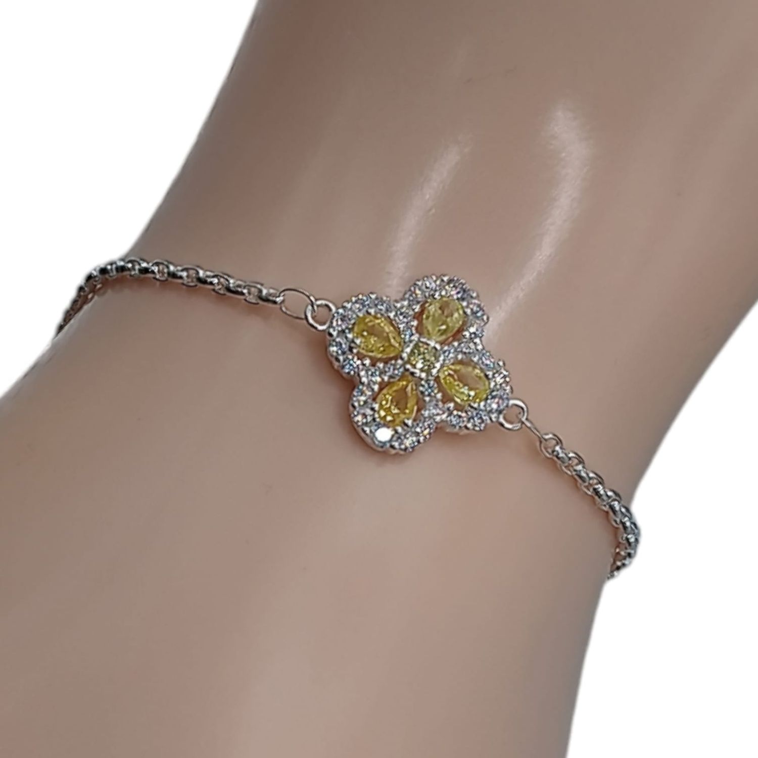 PULSERA FLOR CZ AMARILLA AJUSTABLE 7.5&quot; PLATA .925
