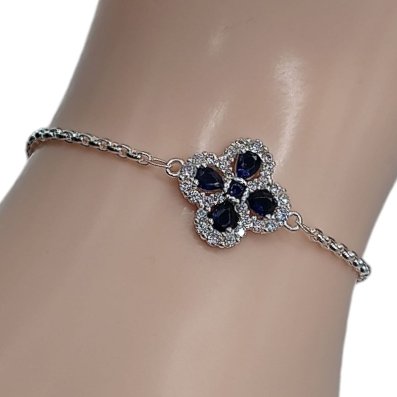 PULSERA FLOR CZ AZUL MARINO AJUSTABLE 7.5&quot; PLATA .925