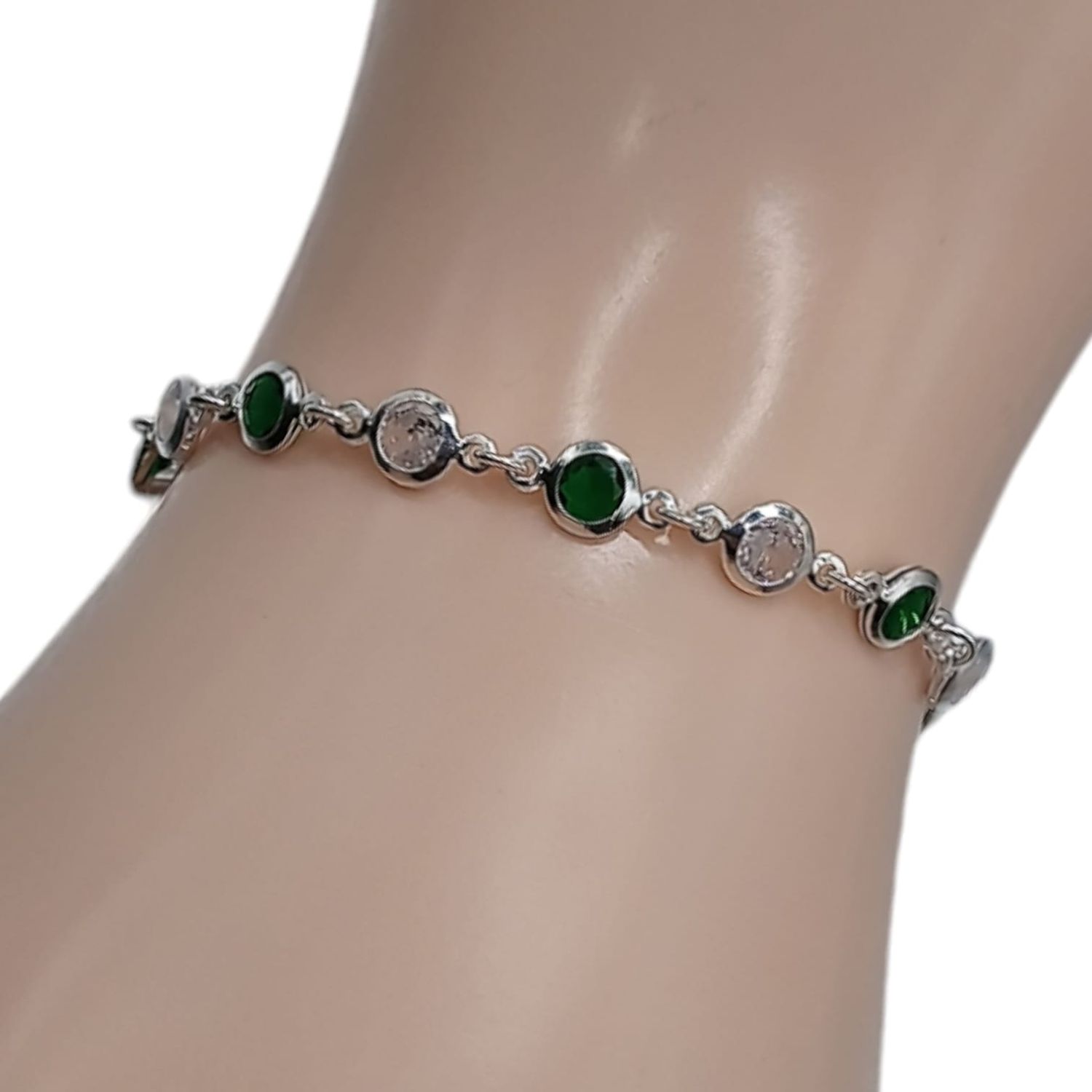 PULSERA DAMA 7&quot; CZ VERDE Y BCA PLATA .925